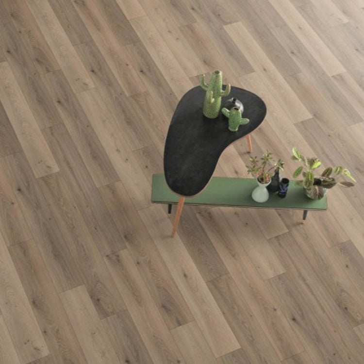 licht grijs bruin eiken vloer met brede planken en subtiele houtstructuur, bovenaanzicht met modern zwart organisch gevormd tafelblad en groene bank met planten en vazen erop