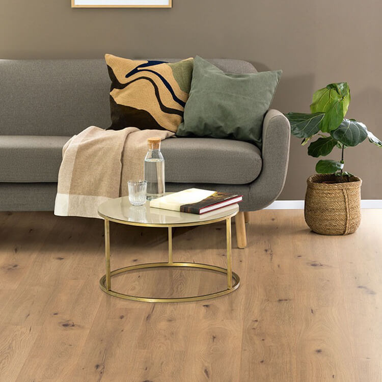 licht beige eiken vloer met natuurlijke houtstructuur en zichtbare noesten, moderne grijs stoffen bank met decoratieve kussens, ronde glazen salontafel met goudkleurig metalen frame, plantenmand met groene kamerplant, neutrale beige wandkleur