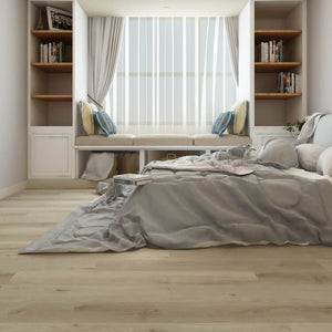 licht beige eiken vloer met rechte planken en fijne houtnerfstructuur zichtbaar