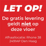 Rode waarschuwingsbanner met witte tekst: "LET OP! De gratis levering geldt niet op deze vloer" met adresspecificatie "Afhaallocatie: Rhone 38, 2491AP Den Haag"