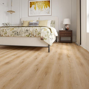 lichte beige eiken vloer met natuurlijke houtnerfstructuur en zichtbare noesten, brede planken zonder patroon