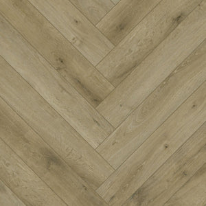 lichte beige eiken visgraatvloer met subtiele houtnervestructuur en sporadische donkere noesten