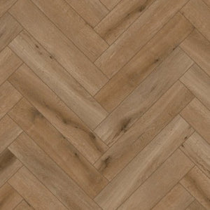 Lichte beige eiken visgraatvloer met subtiele houtnerfstructuur en natuurlijke noesten.