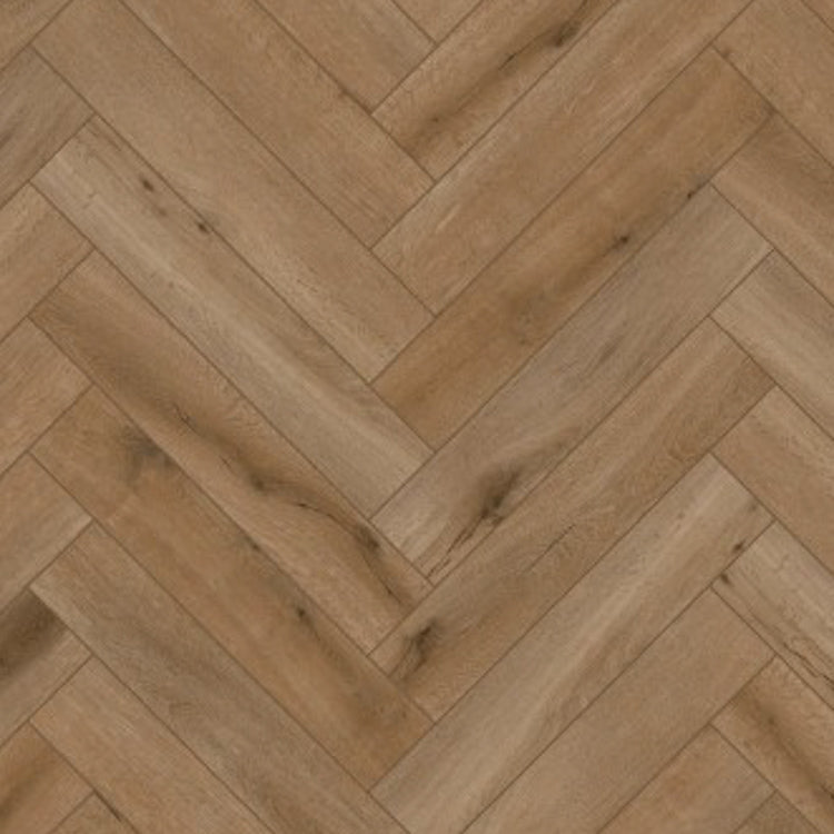 Lichte beige eiken visgraatvloer met subtiele houtnerfstructuur en natuurlijke noesten.