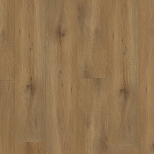 Licht bruin eiken vloer met brede planken en natuurlijke houtnerfstructuur met zichtbare noesten en subtiele groeven tussen de planken.