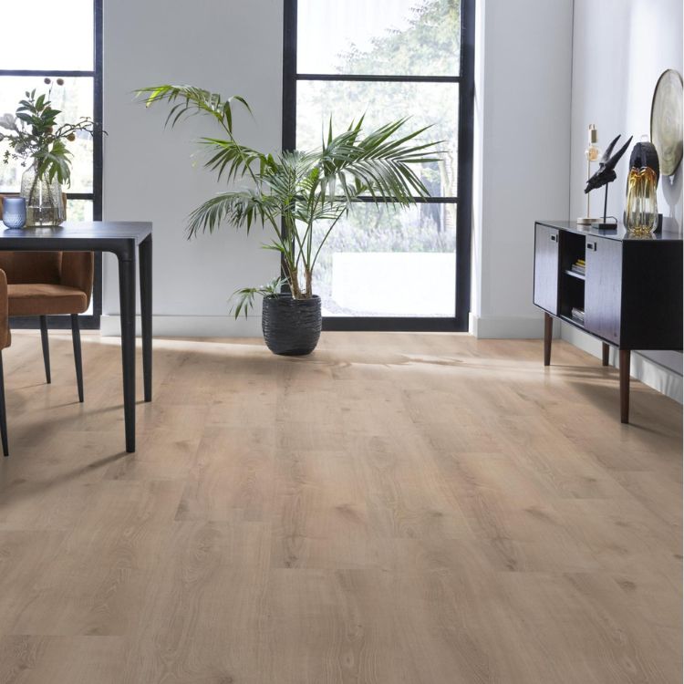 lichte beige eiken vloer met brede planken en subtiele houtnerfstructuur in moderne lichte woonkamer met zwarte meubelen en groene kamerplant naast grote ramen