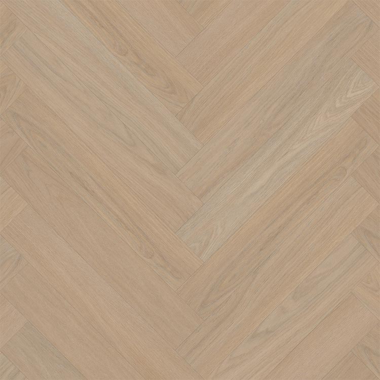 licht beige eiken vloer in visgraat patroon met subtiele houtnerfstructuur en matte afwerking