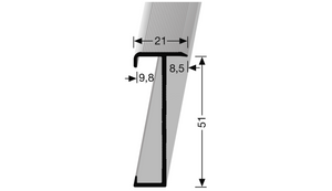 Zwart kunststof overgangsprofiel met T-vorm, afmetingen 51 mm hoog, 21 mm breed bovenkant en 9,8 mm breedte onderkant, geschikt voor vloerafwerkingsovergang.