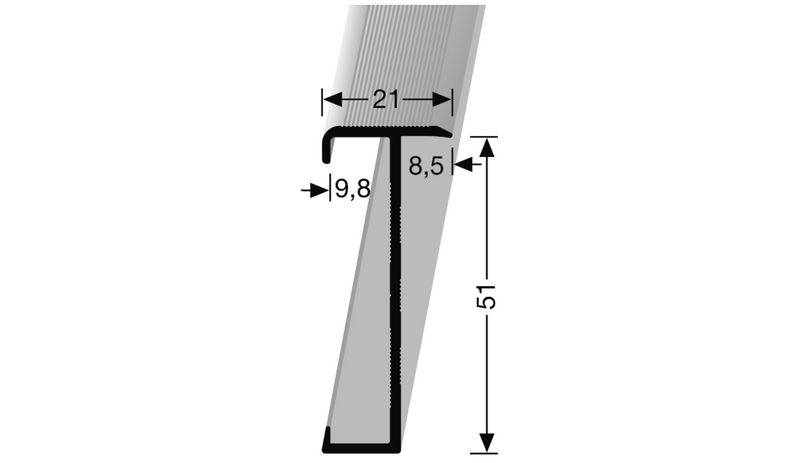 Zwart kunststof overgangsprofiel met T-vorm, afmetingen 51 mm hoog, 21 mm breed bovenkant en 9,8 mm breedte onderkant, geschikt voor vloerafwerkingsovergang.