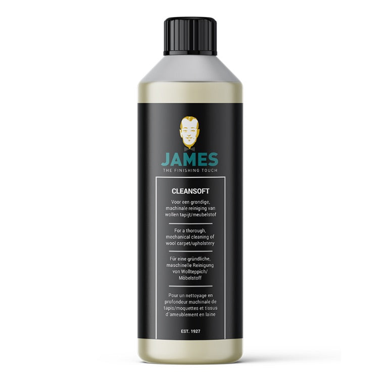 Fles met James Cleansoft reinigingsmiddel voor grondige machinale reiniging van wollen tapijt en meubelstof, zwarte etikettering met blauwgroene en witte tekst.