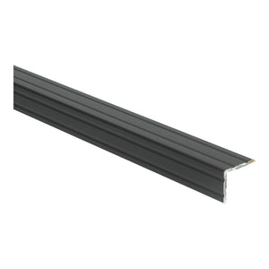 donkergrijze, matte aluminium vloerprofiel met afgeronde ribbels en een hoekvormig design voor vloerovergangen