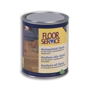 Blik met vloeronderhoudsolie Floor Service, voor het behandelen en beschermen van parket- en houten vloeren, met gele en paarse etikettering.