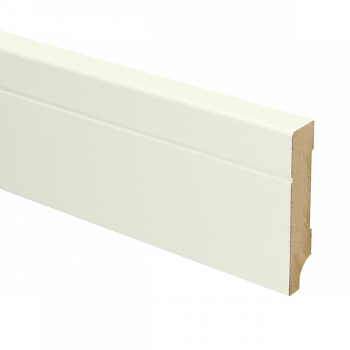 Witte MDF plint met een matte afwerking en een subtiele dubbele groef aan de bovenkant, geschikt als vloerafwerking.