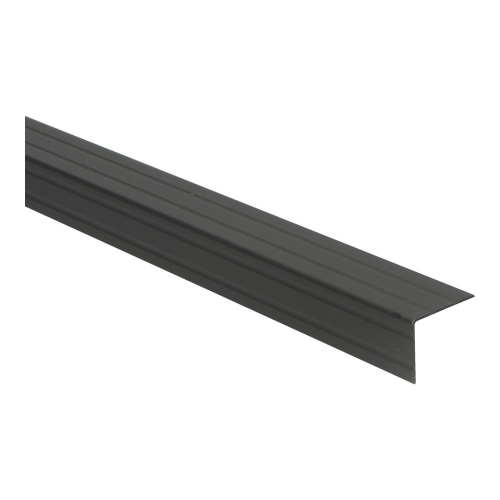 Donkergrijze metalen drempelstrip met subtiele groeven en hoekprofiel, geschikt voor vloerafwerking en overgang tussen vloertypes.