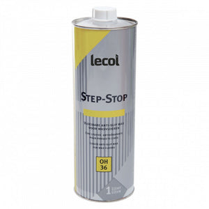 Fles lecol Step-Stop vloeibare anti-slip wax voor wasvloeren met lichtgrijs en geel gestreept etiket, inhoud 1 liter