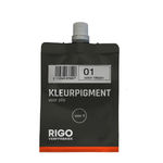 Zwart gekleurd zakje kleurpigment voor olie met witte en oranje accenten, inclusief een barcode en batchnummeretiket.