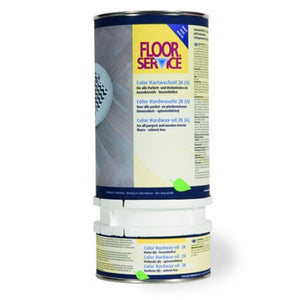 Blik met Floor Service hardwax-olie 2K voor parket- en houten vloeren, verpakt in twee-componenten verpakking met blauw-gele etiketten en kleine groene blaadjes als pictogrammen.