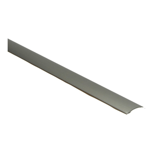 Overgangsprofiel voor vloerafwerking in geborsteld grijs aluminium met afgeronde rand, geschikt voor het verbinden van verschillende vloerdelen.