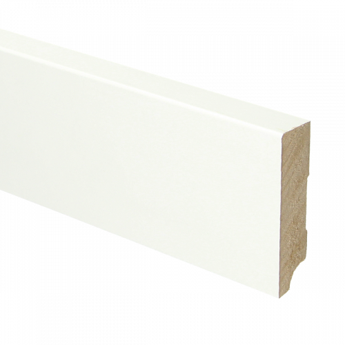 Witte MDF plint met afgeronde bovenkant en rechte zijkanten, gladde structuur, geschikt voor wandafwerking bij vloeren.