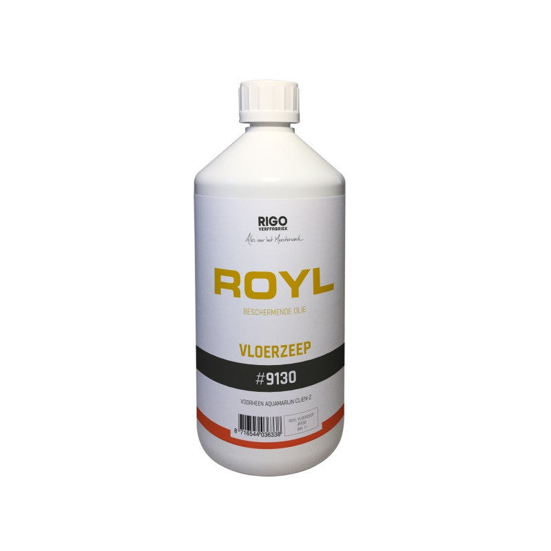 Fles witte beschermende olie vloerzeep van het merk Royl met geel en zwart opdruk, productcode #9130, op een witte achtergrond.