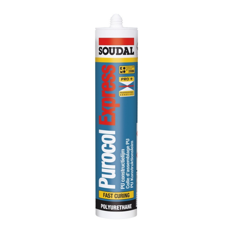 Verpakking van PU-constructielijm Soudal Purocol Express in een cilindervormige blauwe huls met rode en witte accenten en tekst, inclusief label met «Fast curing» en «Polyurethane».