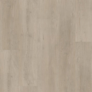 lichte eiken vloer met natuurlijke houtnerfstructuur en brede planken in een rustige, lichtgrijze beige tint