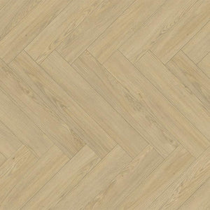 Licht beige eiken vloer met visgraat patroon en fijne houtstructuur.