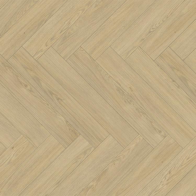 Licht beige eiken vloer met visgraat patroon en fijne houtstructuur.
