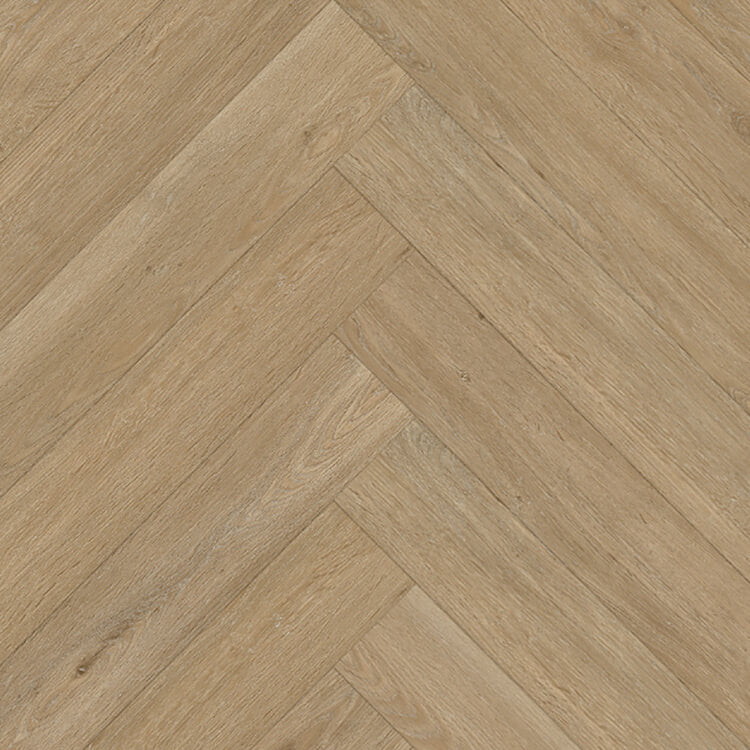 Licht beige eiken vloer met visgraatpatroon en fijne houtstructuur.