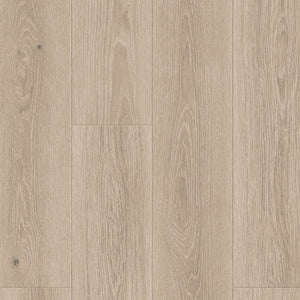 licht beige eiken vloer met rechte planken en subtiele houtnerfstructuur, lichte noesten zichtbaar