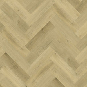 licht beige eiken vloer in visgraatpatroon met subtiele houtstructuur en natuurlijke noesten