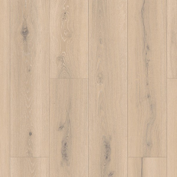 lichte beige eiken vloer met brede planken en zichtbare houtnerven en knoesten in een natuurlijke houtstructuur