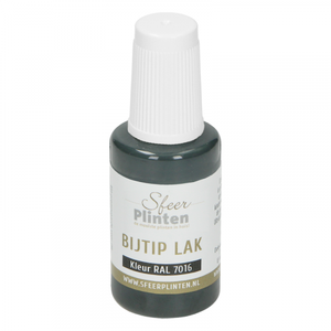 flesje bijtip lak in kleur RAL 7016 antracietgrijs met witte dop en etiket met tekst Sfeer Plinten