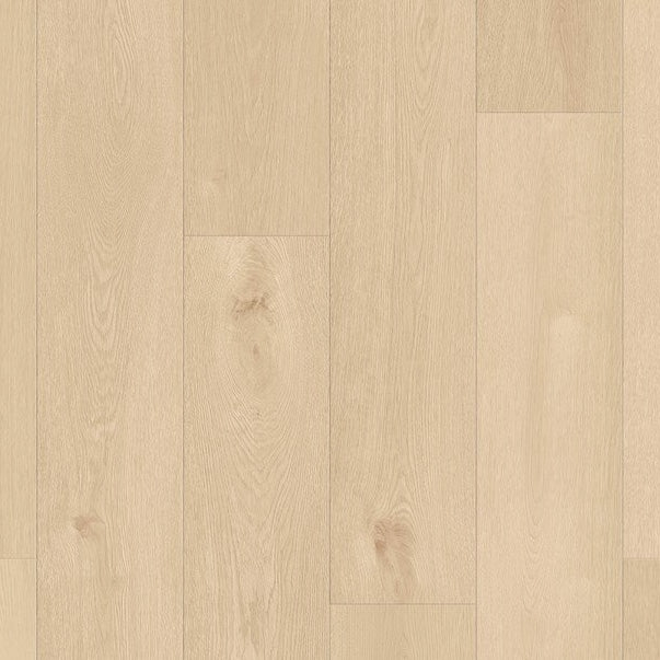 Lichte beige eiken vloer met brede planken en subtiele houtstructuur inclusief natuurlijke noesten en nerven.