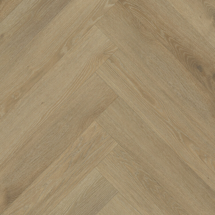 licht beige eiken visgraatvloer met subtiele houtstructuur en matte afwerking