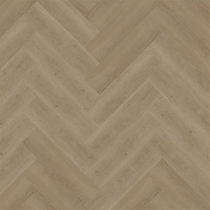 licht beige eiken vloer in visgraat patroon met subtiele houtnerfstructuur en brede planken