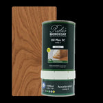 Blikje Rubio Monocoat Oil Plus 2C vloerolie in kleur Bourbon met houten plankstaal in warme middelbruine kleur met duidelijk zichtbare houtnerfstructuur.