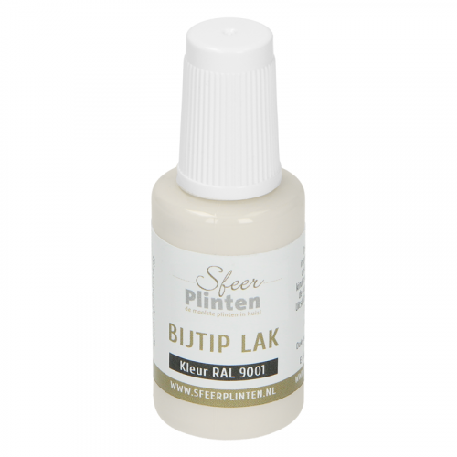 flesje kleine tube bijtip lak in kleur RAL 9001 crème wit voor het bijwerken van beschadigingen aan plinten en vloeren