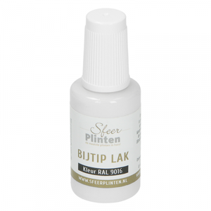witte bijtip lak voor het afwerken van plinten, zijdeglanzend, flesje met schroefdop en fijne applicator