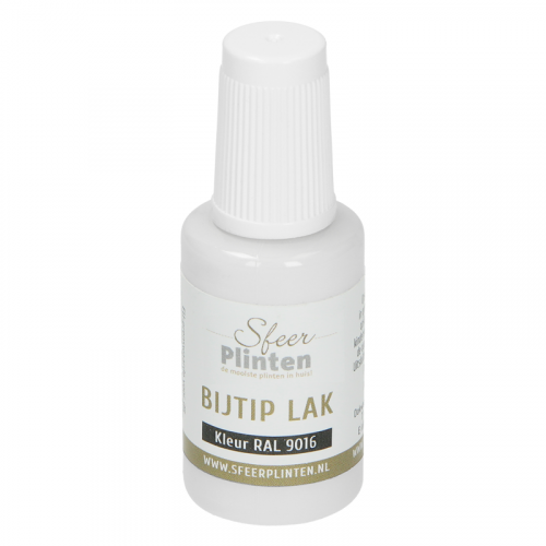witte bijtip lak voor het afwerken van plinten, zijdeglanzend, flesje met schroefdop en fijne applicator