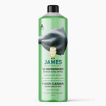 fles groene vloerreiniger James met etikethanddoekillustratie en tekst in blauw en zwart, product voor dagelijkse reiniging van vloeren zonder strepen of vlekken