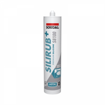 wit-grijs gekleurde tube met Soudal Silirub+ premium siliconenkit, geschikt voor sanitaire toepassingen