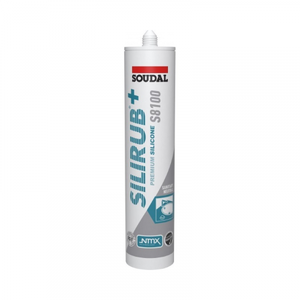 wit-grijs gekleurde tube met Soudal Silirub+ premium siliconenkit, geschikt voor sanitaire toepassingen