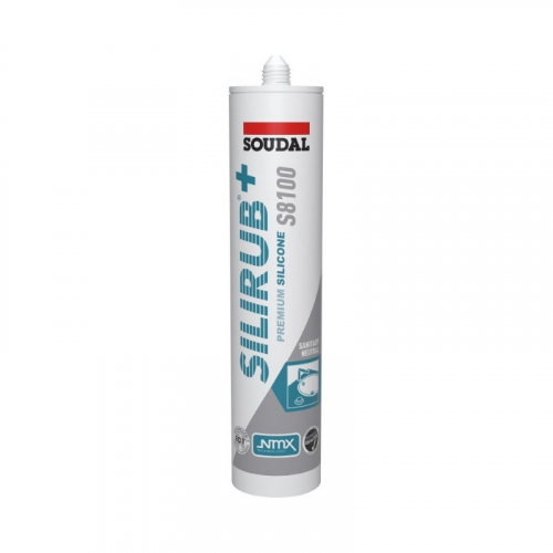 wit-grijs gekleurde tube met Soudal Silirub+ premium siliconenkit, geschikt voor sanitaire toepassingen