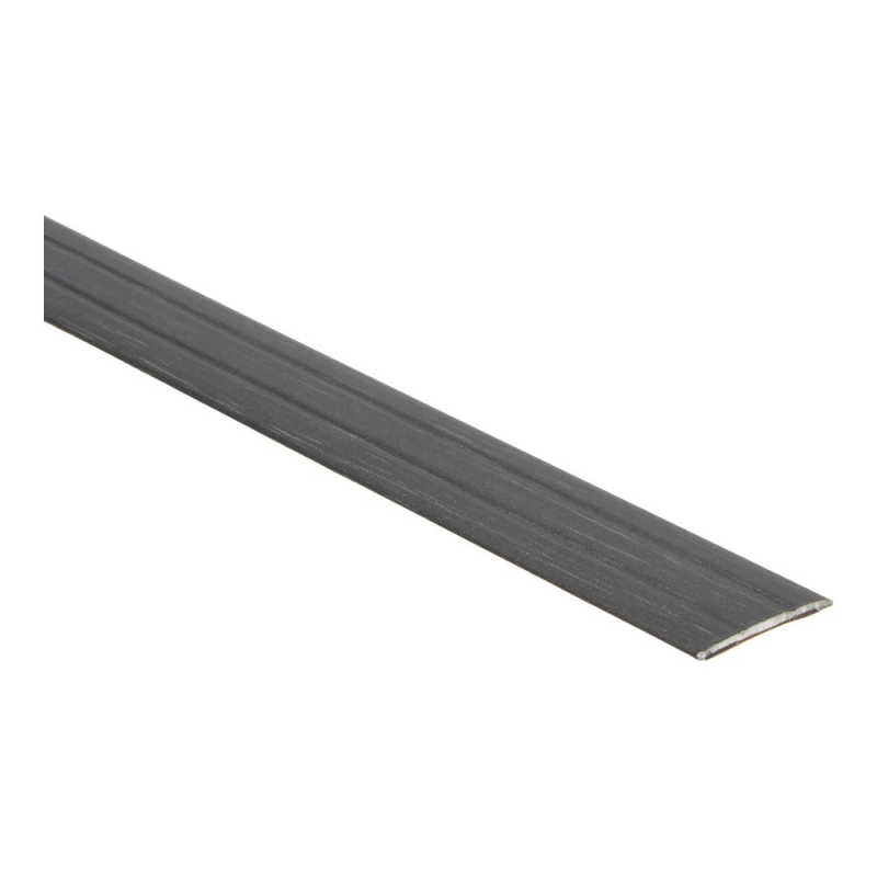 Donkergrijs smal profieldeel met lichte houtstructuur, decoratief afdekprofiel voor vloeren of waterkerende strip.