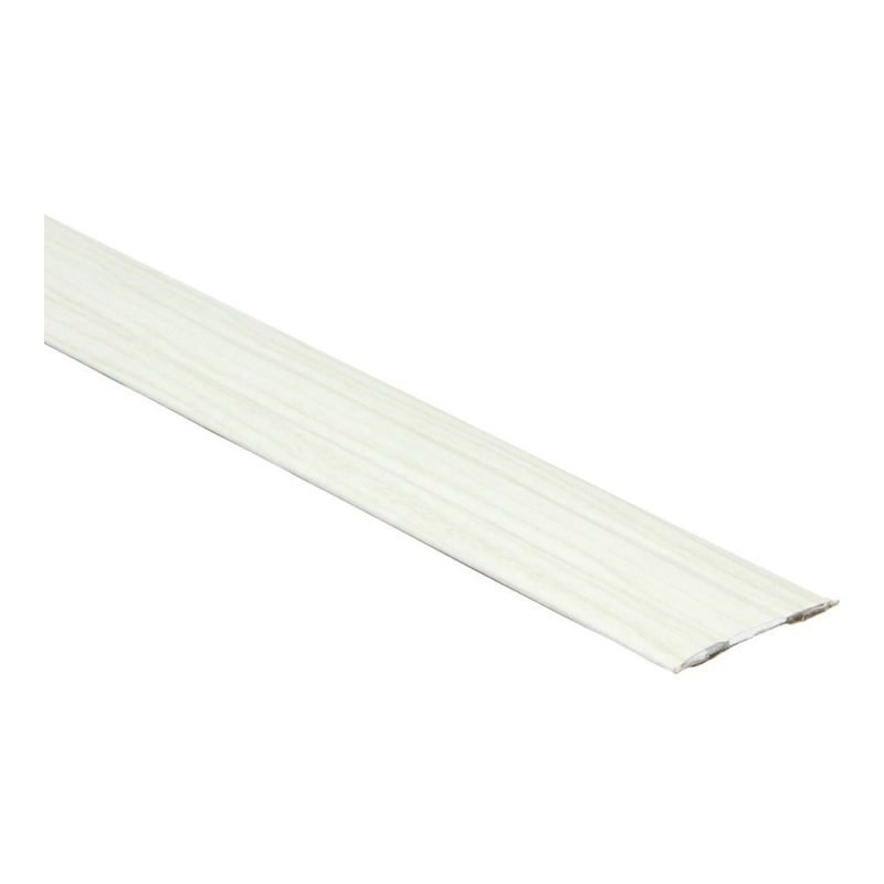 Overgangsprofiel met lichte wit eiken houtstructuur voor vloeren, smalle strook met subtiele nerf en matte afwerking.