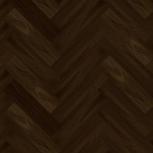 Donker bruin eiken vloer met visgraat patroon met zichtbare houtstructuur en matte afwerking.