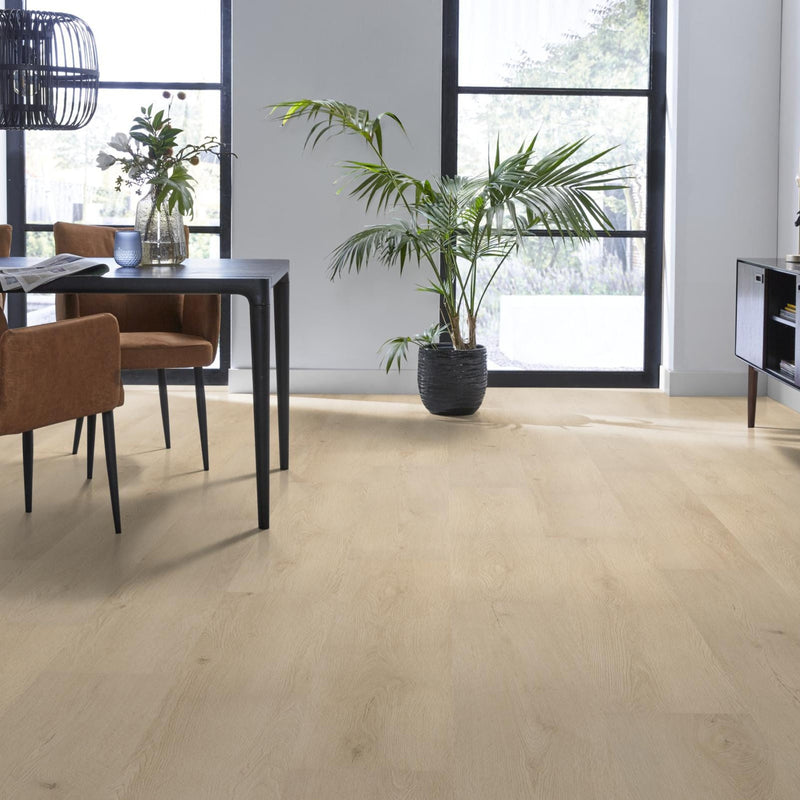 lichte vloer in brede planken met een subtiele houtstructuur in licht eiken kleur, moderne eetkamer met zwarte metalen tafel, cognackleurige stoelen en groene plant in zwarte pot nabij raam met zwart metalen kozijnen