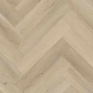licht eiken vloer met visgraatpatroon en subtiele houtstructuur met lichte beige en zandkleurige tinten en natuurlijke noesten en nerfdetails