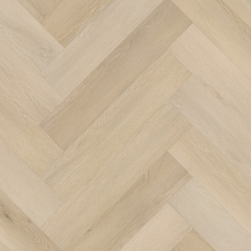 licht beige eiken visgraatvloer met fijn houtnerfstructuur en matte afwerking